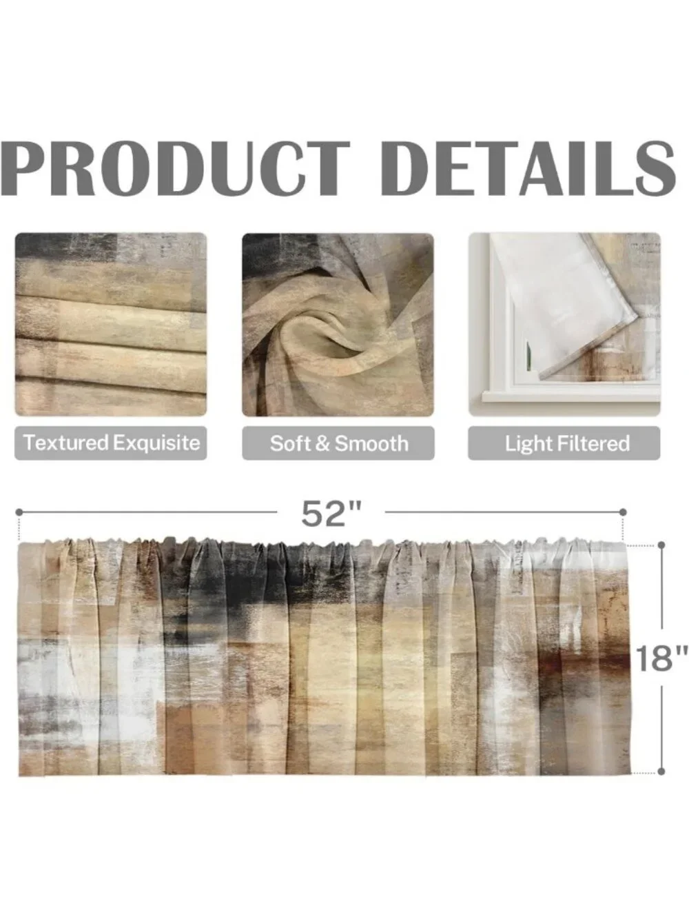 4 Pack Modern Brown Abstract Blackout Valances for Living Room & Kitchen, 52x18